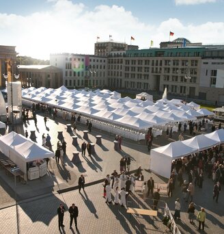 White folding gazebos 8x4 and 6x4 m at a large event Ecotent White folding gazebos 8x4 and 6x4 m at a large event with many people at Alexanderplatz in Berlin
